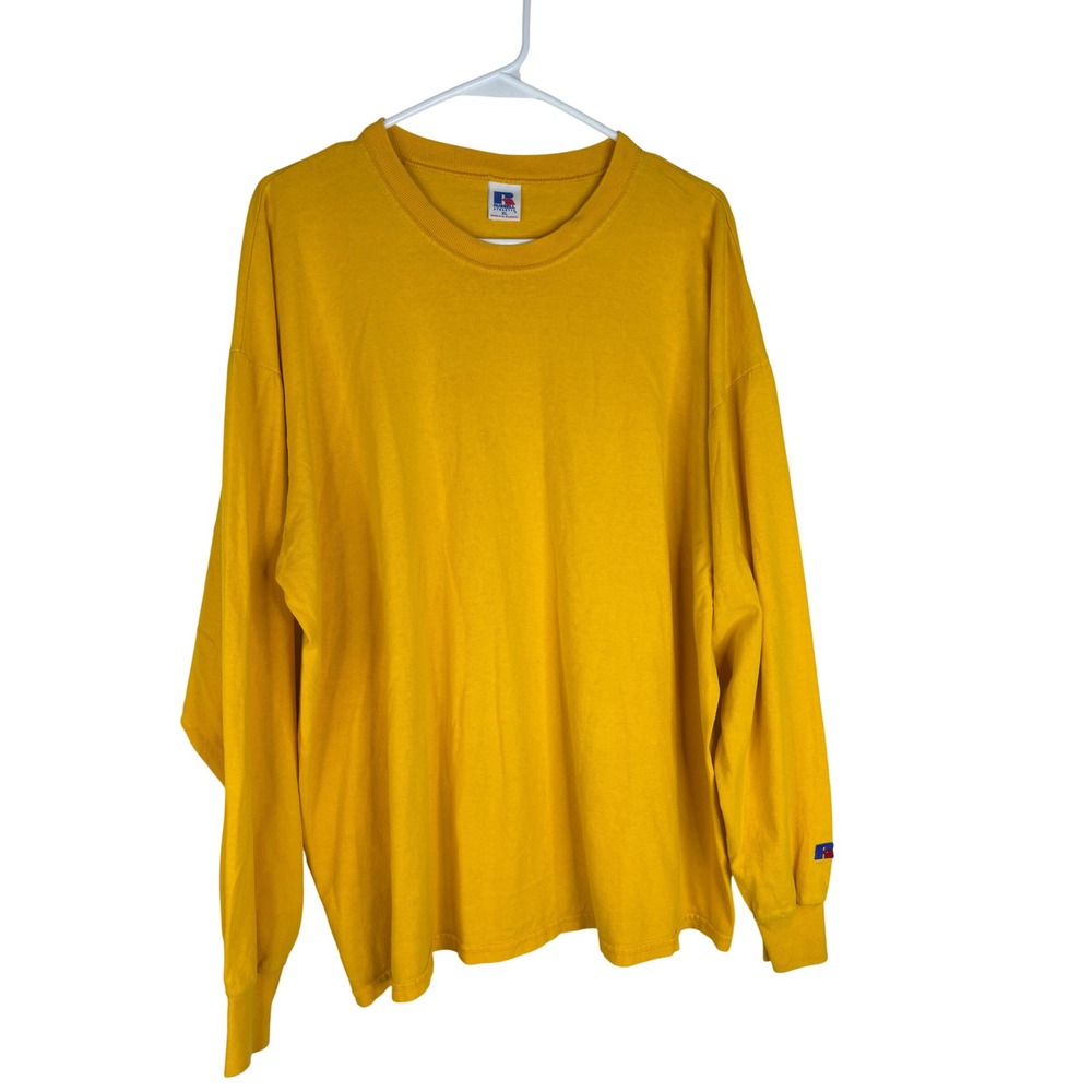 Russell Athletic T-Shirt Mens XL Yellow Cotton Blend Long Sleeve Crew Neck Solid